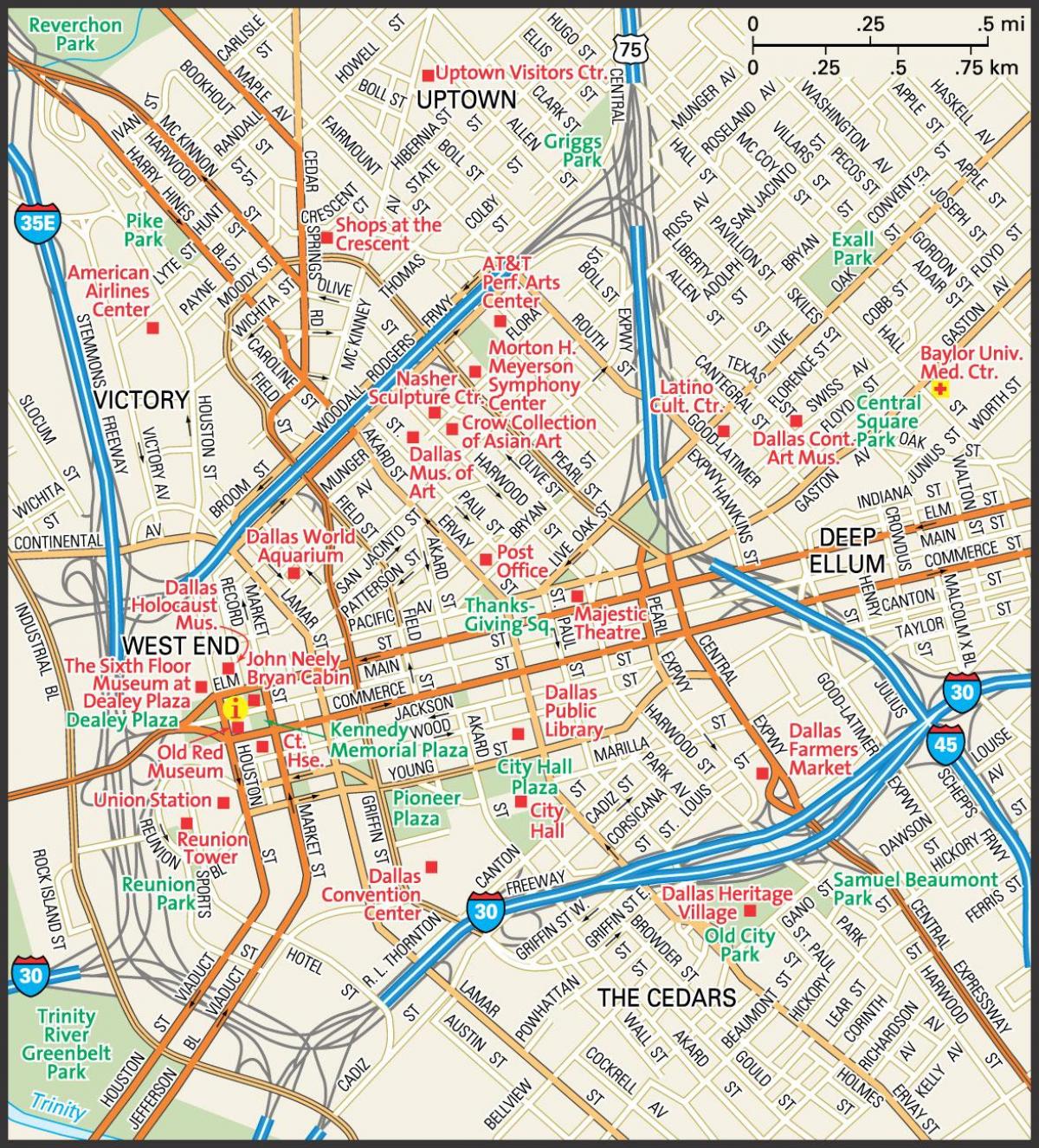 mapa del centro de la ciudad de Dallas calles